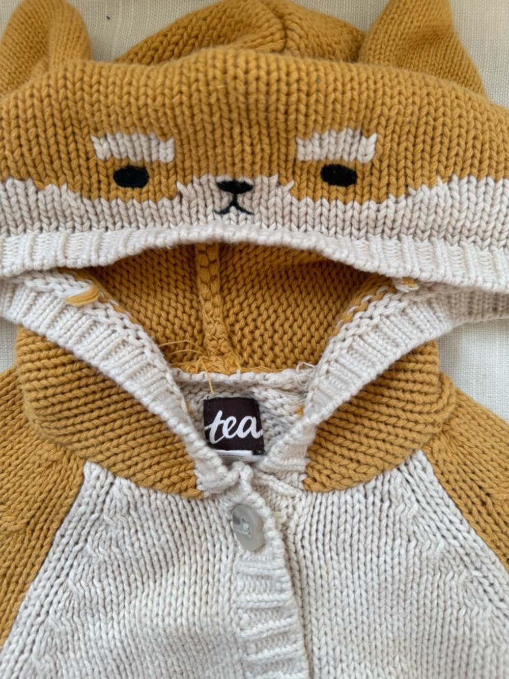 Tea Collection Baby Cardigan- Oatmeal Shiba Inu knit 100% cotton sweater - Picture 5 of 7